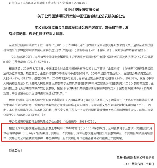 金亚科技退市复牌日期及简称变更_欺诈发行金亚科技退市流程_金亚科技2025复牌